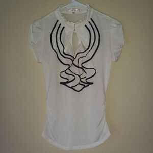 STELLA TWEED Winter-White Top with 3-Layer Black-Piping Ruffle Women's M